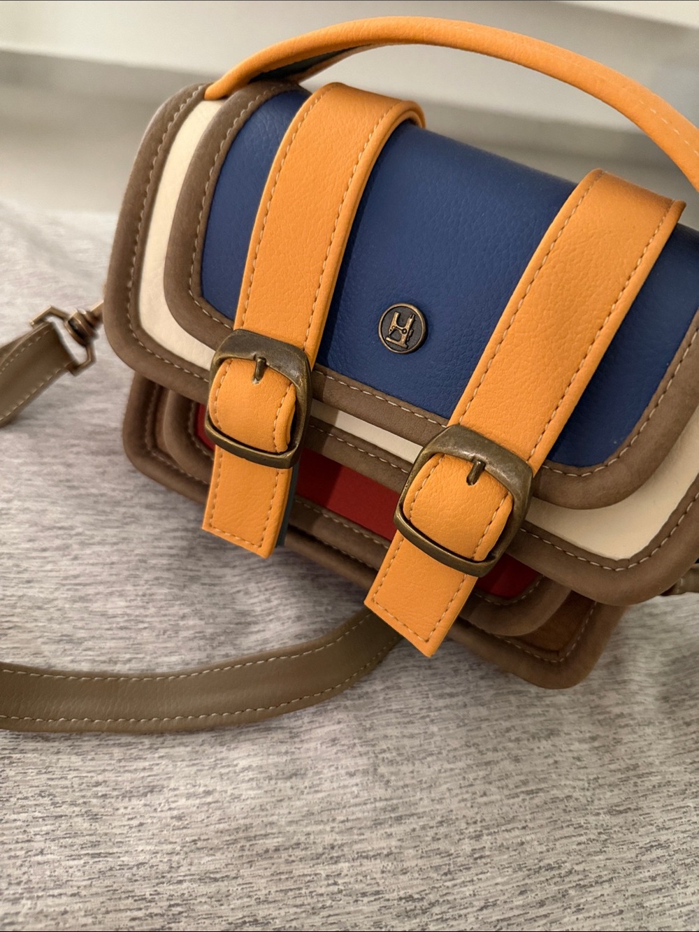 Hereje Colorblock Leather-Style Crossbody Satchel in Blue & Mustard